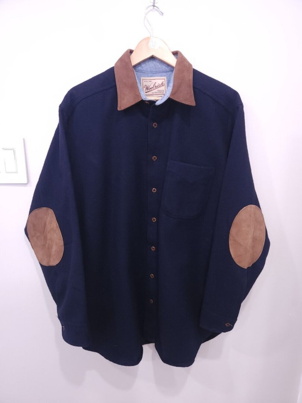 Vintage Woolrich Mens L Wool Shirt Blue Suede Collar Elbow Patches Made in USA